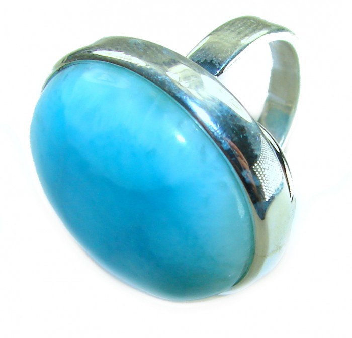 Caribbean Beauty 29.5 carat Genuine perfectly Blue Larimar .925 Sterling Silver handmade LARGE ring size 8 adjustable - Close-up of blue Larimar ring with silver band