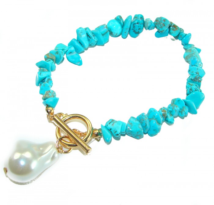 Beauty of Nature - natural turquoise 10K Gold over .925 Sterling Silver handmade Statement Bracelet - Turquoise bracelet with gold toggle clasp and pearl, top view.