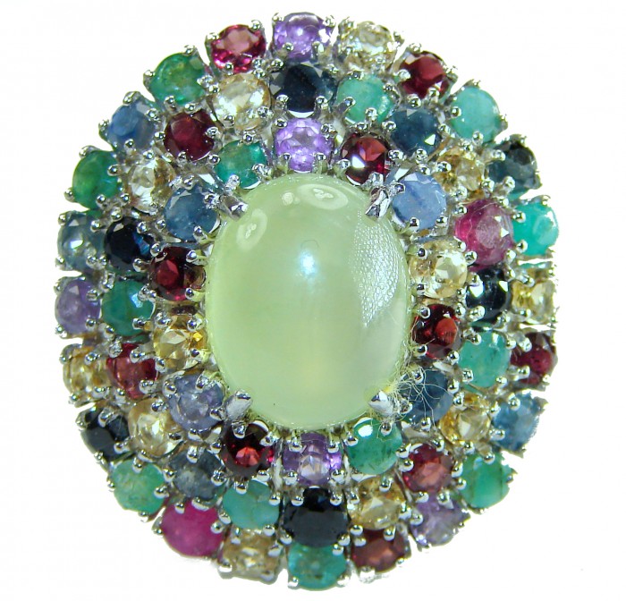 Royal quality genuine Prehnite .925 Sterling Silver handcrafted .925 Sterling Silver handcrafted ring s. 7 1/4 - Prehnite sterling silver ring close-up with colorful gemstone accents.