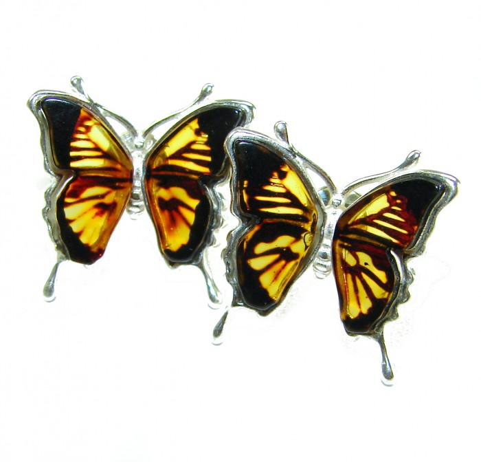 Butterflies carved Baltic Polish Amber .925 Sterling Silver earrings - Butterfly amber earrings front view with sterling silver.