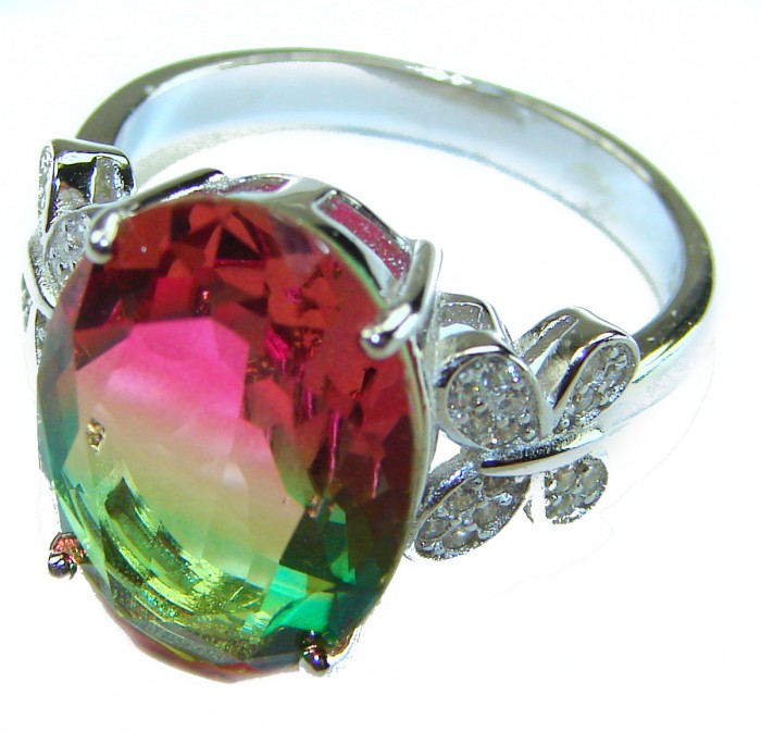 Magnificent 11.2 carat oval cut Pink Tourmaline .925 Silver handcrafted Cocktail Ring s. 8 - Close-up of oval pink-green tourmaline ring in .925 silver setting