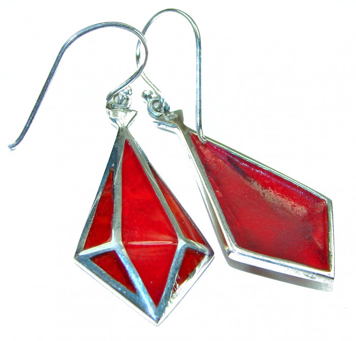 Large Genuine Red Fossilized Coral .925 Sterling Silver handmade earrings - Red coral earrings in sterling silver, side view.