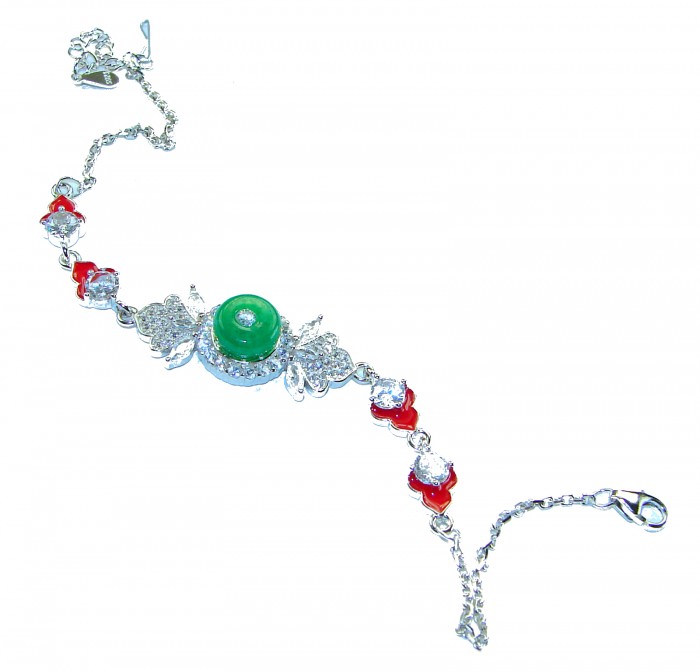 Purity and Harmony Precious genuine 6.5 carat Jade .925 Sterling Silver handcrafted Bracelet - Elegant Jade bracelet with red accents, top view featuring central stone.
