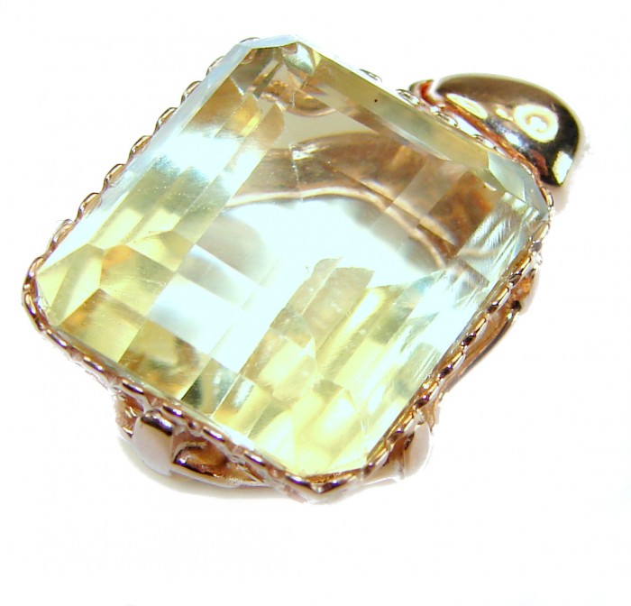 Baquette cut 10.3 carat Lemon Quartz 18K Gold over .925 Sterling Silver handcrafted pendant - Close-up of baguette-cut lemon quartz set in 18K gold over sterling silver.