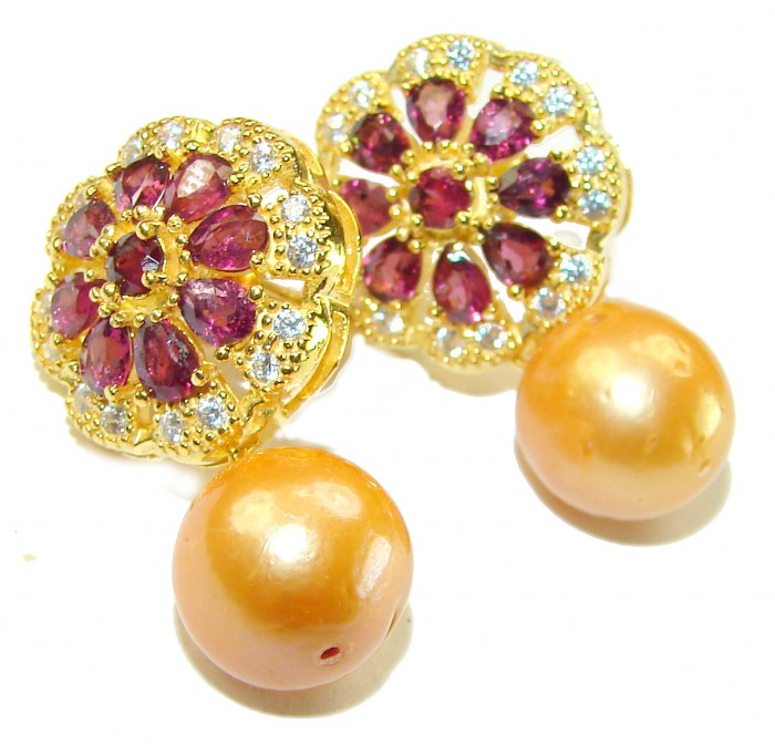 Sublime Golden Pearl Garnet 148K Gold over .925 Sterling Silver handcrafted Earrings - Front view of earrings with pearls and garnet in gold setting.