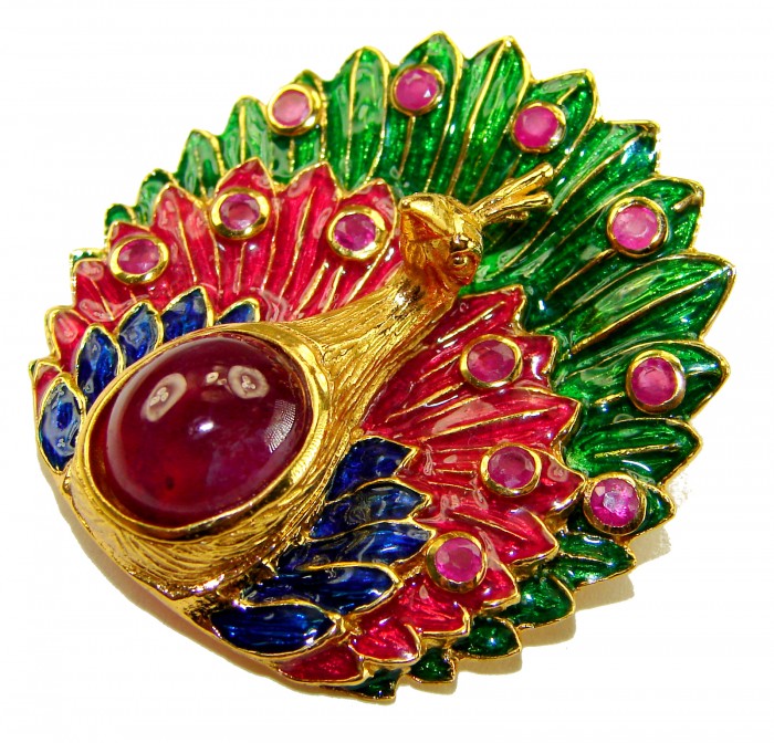 Luxurious Peacock genuine 12.5 carat Ruby Enamel 22K Gold over .925 Sterling Silver handmade Pendant - Brooch - Colorful peacock brooch with ruby and enamel, top view.
