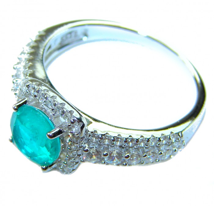 Gabriella - Luxurious 4.6 carat Emerald .925 Sterling Silver handcrafted Cocktail Ring s. 8 1/4 - Side view of Gabriella ring with emerald and diamonds in sterling silver.