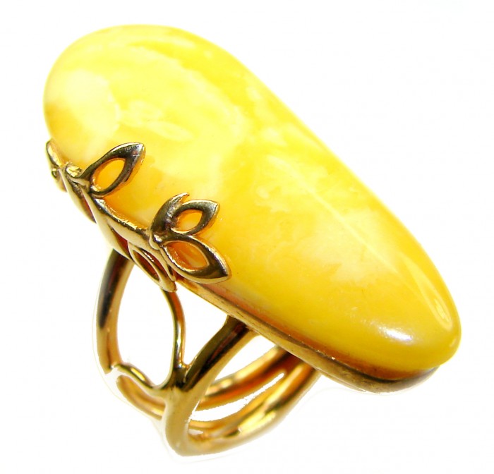 Authentic Golden Butterscotch Baltic Amber 18K Gold over .925 Sterling Silver entirely handcrafted ring; s. 7 adjustable - Close-up of butterscotch Baltic amber ring with gold setting.