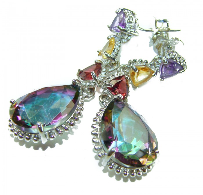 Incredible 14.2 carat Mystic Topaz .925 Sterling Silver handcrafted earrings - Close-up of Mystic Topaz earrings with colorful stones in sterling silver.
