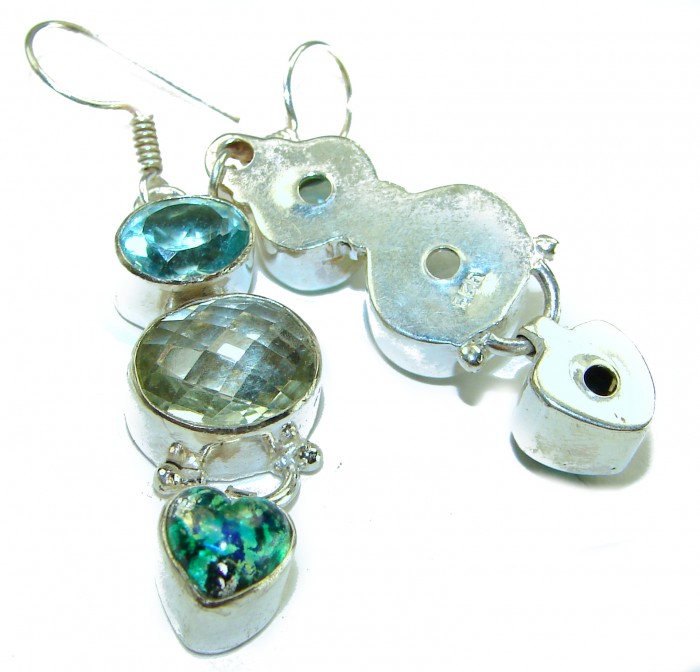 Pastel World Authentic 18.5 carat Brazilian Citrine Green Amethyst .925 Sterling Silver brilliantly handcrafted Statement earrings - Close-up of gemstone earrings featuring citrine and green amethyst stones.