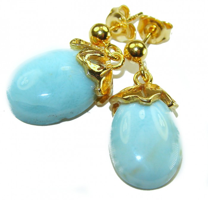 Genuine 10.5 carat Blue Larimar 14K Gold over .925 Sterling Silver handmade earrings - Close-up of blue Larimar earrings with gold detailing