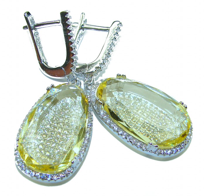 Costa del Sol 15.8 carat Lemon Quartz .925 Sterling Silver handcrafted Statement Earrings - Close-up of Costa del Sol Lemon Quartz earrings, front view.