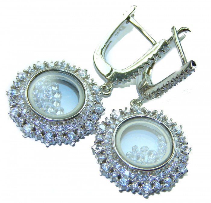 Floating Memories 11.5 carat White Topaz .925 Sterling Silver Handcrafted Statement earrings - Earrings close-up showing floating white topaz and sterling silver detail