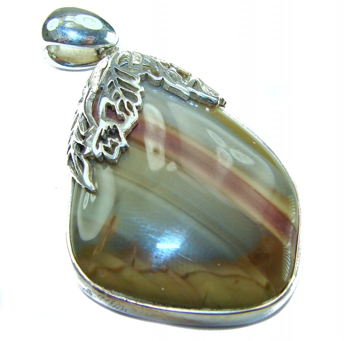 Perfect quality Imperial Jasper .925 Sterling Silver handmade Pendant - Imperial Jasper pendant close-up with silver leaf detail.