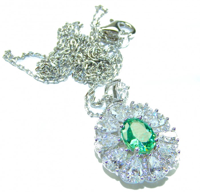 Wonderland 3.8 carat Apatite .925 Sterling Silver Handcrafted Statement necklace - Sterling silver necklace with green apatite and clear stones, top view.