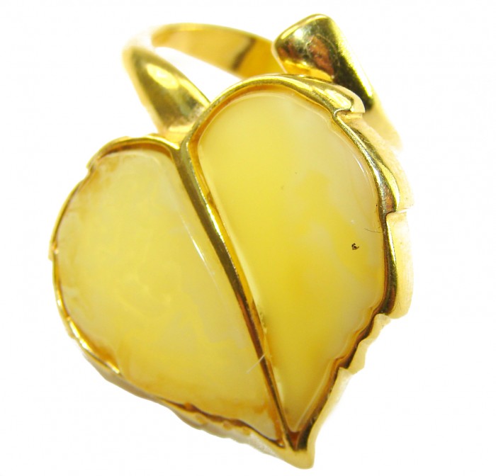 Golden Leaf - Natural Butterscotch Baltic Amber .925 Sterling Silver dipped in 18K Gold handcrafted ring; s. 7 adjustable - Golden leaf ring with butterscotch amber, close-up view.