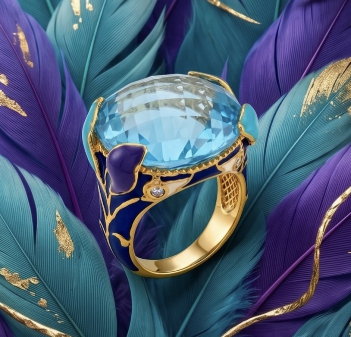 Dolce Vita 25.3 carat genuine Swiss Blue Topaz Enamel .925 Sterling Silver dipped in 22K Gold handcrafted Large ring size 8 1/4 - Ring with Swiss Blue Topaz on colorful feathers, showcasing side detail.