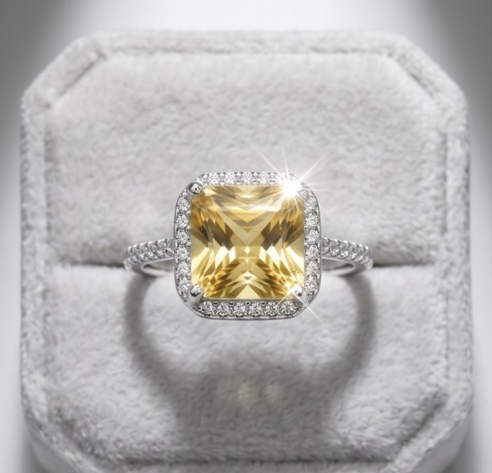 Splendid ASSHER cut 7.2 carat yellow Sapphire .925 Sterling Silver brilliantly handcrafted ring s. 7 1/4 - Close-up of 7.2 carat yellow Sapphire ring on white cushion.