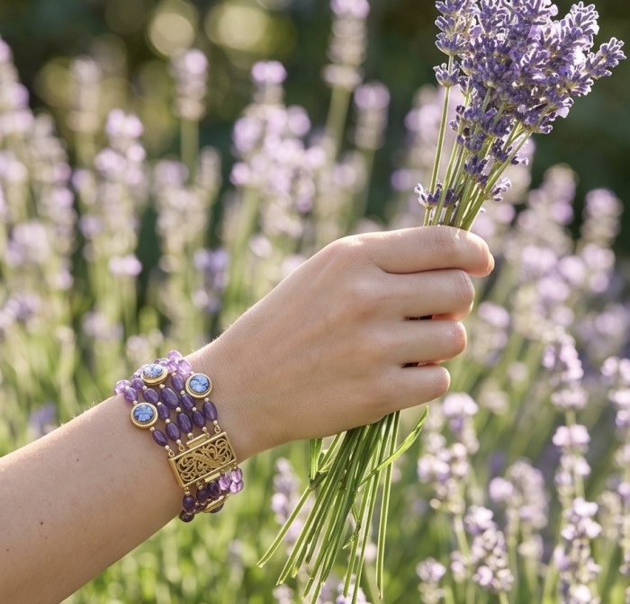 Baroque Style Beauty 39.5 carat Amethyst 14K Gold over .925 Sterling Silver handcrafted Bracelet - Amethyst bracelet worn on hand holding lavender, side view.