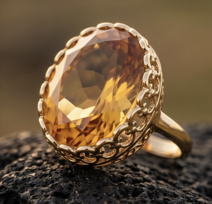 GIOVANNA 48.8 carat Genuine oval CUT Heliodor rhodium over .925 Sterling Silver handcrafted ring size 10 - Close-up of GIOVANNA 48.8 carat oval cut Heliodor ring in gold setting.