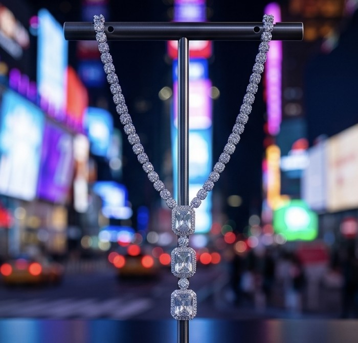 Mademoiselle 27.2 carat Moissanite .925 Sterling Silver .925 Sterling Silver Statement Necklace - Mademoiselle 27.2 carat Moissanite necklace, front view in city lights.