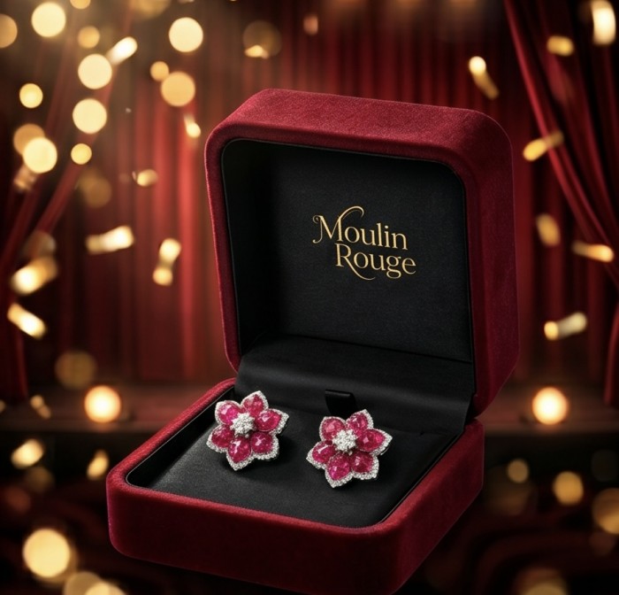 Born to Glam - floral design- authentic 10.2 carat Ruby .925 Sterling Silver handcrafted earrings - Floral ruby earrings in Moulin Rouge box, front view with warm bokeh background