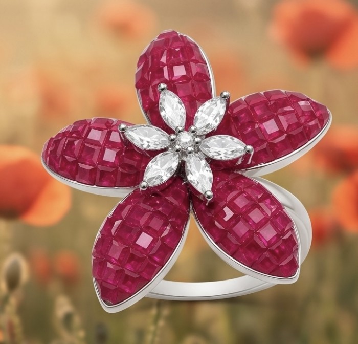 Born to Glam authentic 4.2 carat Ruby rhodium over .925 Silver handcrafted Ring s. 8 - Ruby flower ring, close-up of gemstone details, rhodium over silver