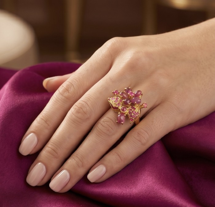 Bella Rosa Genuine 7.5 CARAT Ruby 22k Gold over .925 Sterling Silver Statement Ring size 8 1/4 - Ruby ring with gold detailing worn on hand, purple fabric background.