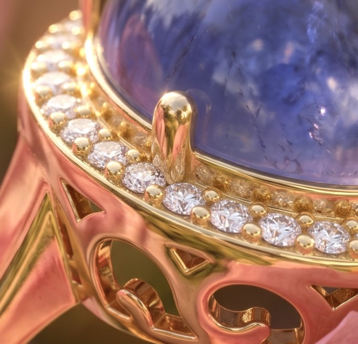 Precious Design round cut 9.9 CARAT Tanzanite 22K Gold over .925 Sterling Silver Statement Ring s. 6 1/4 - Close-up of Tanzanite and diamond details in 22K gold setting.