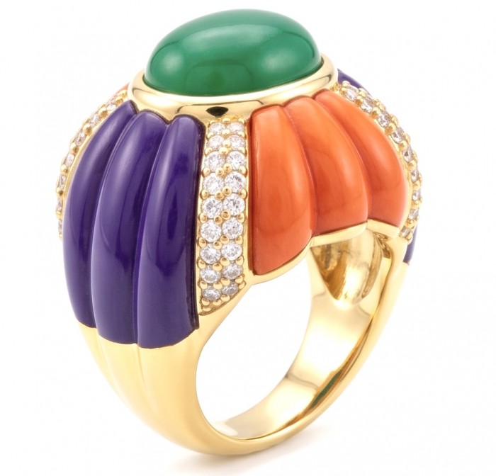 Art Deco Natural 10.8 carat Jade 22K Gold over Enamel .925 Sterling Silver handcrafted Statement ring size 7 - Colorful Art Deco ring with jade, diamonds, and enamel, side view