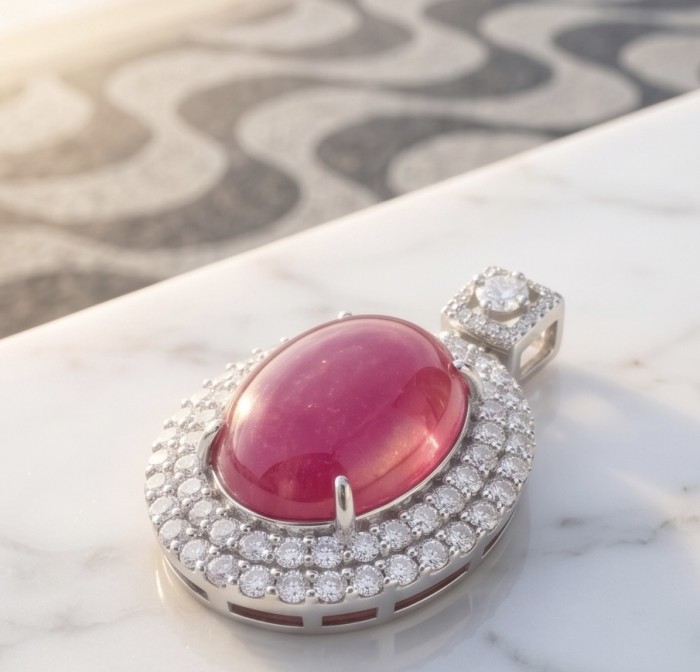 Giovanna 23.2 carat authentic cabochon Mozambique Ruby .925 Sterling Silver handmade Pendant - Side view of Giovanna pendant with Mozambique ruby and diamonds.