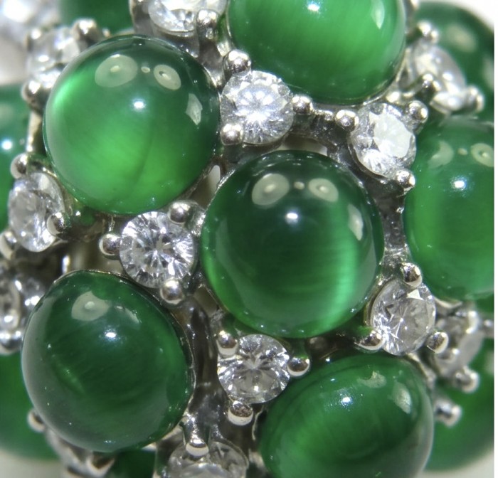 Giovanna- Authentic 6.5 CARAT natural Colombian Emerald .925 Sterling Silver handcrafted Statement earrings - Close-up of Giovanna's emerald and diamond details.