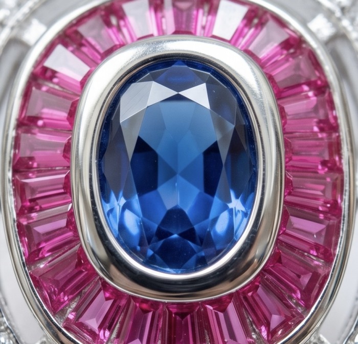 Art Deco 3.8 ctw Sapphire .925 Sterling Silver handcrafted Statement Ring size 7 1/2 - Stone close-up of Art Deco Sapphire in Sterling Silver setting.
