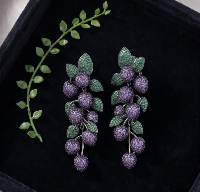 Incredible Ripe Grapes 9.5 carat Amethyst Chrome Dopiside black rhodium over .925 Sterling Silver handcrafted Statement earrings - Ripe grapes earrings with amethyst and chrome diopside, top view.