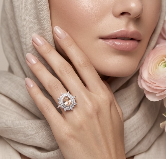 Isabella Authentic oval cut 4.8 carat Morganite .925 Sterling Silver ring s. 7 - Morganite ring worn on hand, close-up with flower and fabric background