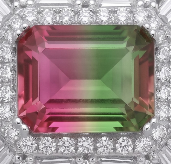 4.8 carat Brazilian Tourmaline .925 Sterling Silver dipped in rhodium Perfectly handcrafted Ring s. 8 - Close-up of Brazilian tourmaline and diamonds in sterling silver.