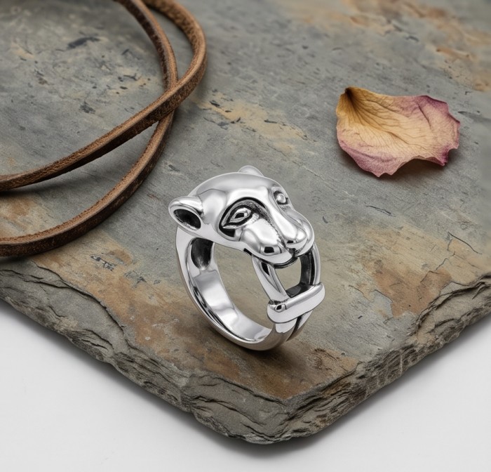Cheetah .925 Sterling Silver handmade Statement Ring s. 8 - Cheetah sterling silver ring, front angle on textured stone background.