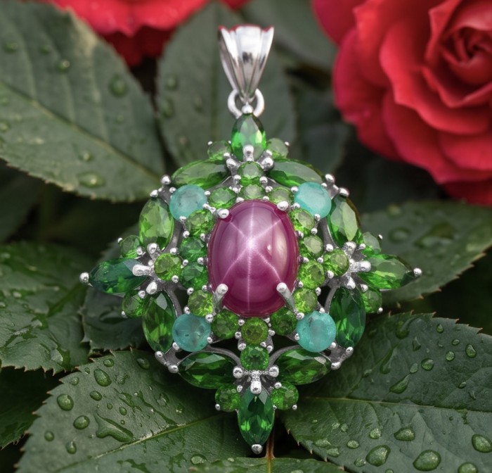 New World - authentic 22.5 carat Ruby rhodium over .925 Sterling Silver handcrafted Pendant - Close-up of a 22.5 carat ruby pendant with green and blue gems.
