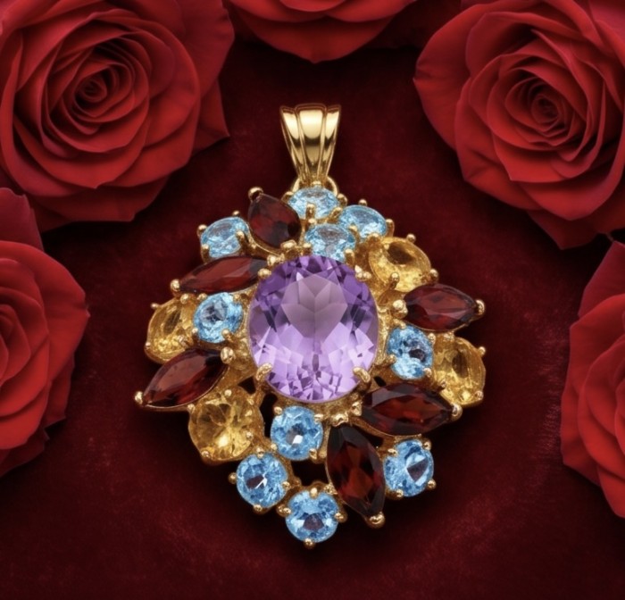 Giuseppina - Authentic 28.1 carat Amethyst 18k Gold over .925 Sterling Silver handcrafted Statement Pendant - Close-up of Giuseppina pendant with amethyst and colorful gemstones.