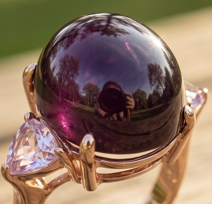 Cherry-Pick Natural 28.4 carat Mozambique Star Ruby .925 Sterling Silver dipped in 22K Gold handmade Large Statement Ring size 7 1/2 - Stone close-up of Cherry-Pick 28.4 carat Mozambique Ruby ring.