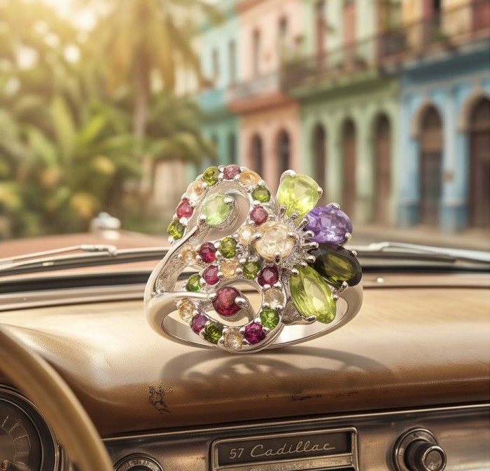 4.8 carat Brazilian Tourmaline .925 Sterling Silver dipped in rhodium Perfectly handcrafted Ring s. 6 - Colorful gemstone ring close-up on vintage car dashboard
