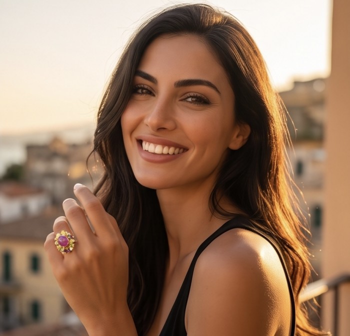 Giovanna Natural 28.6 carat Ruby .925 Sterling Silver dipped in 18K Gold handcrafted Statement Ring size 7 - Woman wearing Giovanna Ruby ring, smiling, outdoor background.