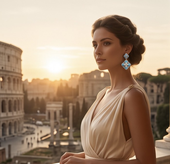 Pacifica - 9.8 carat SLEEPING BEAUTY Turquoise Rhodium over .925 Sterling Silver handmade Statement Earrings - Woman wearing Pacifica earrings at sunset, side view with Roman backdrop.