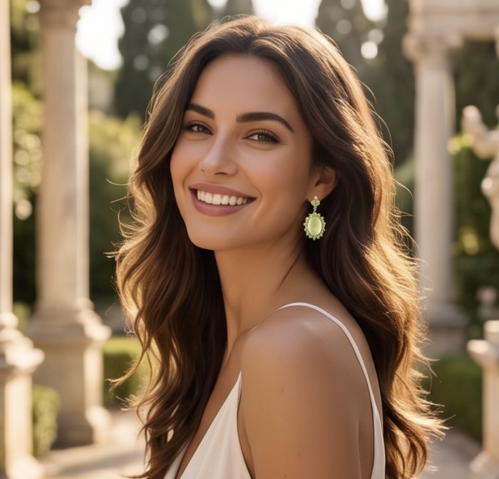 Wise Bliss Authentic 10.5 carat Prehnite 3.2 carat Peridot 22k Gold over .925 Sterling Silver handmade earrings - Woman wearing Wise Bliss earrings with Prehnite and Peridot stones.