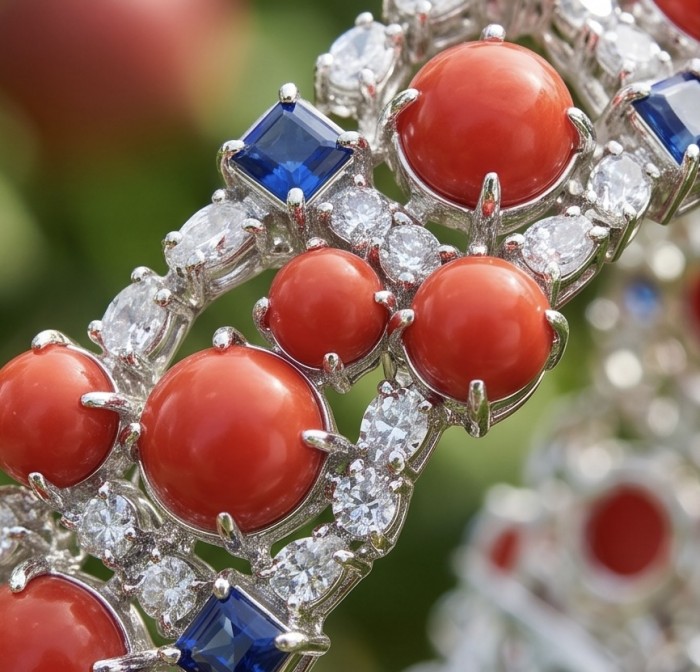 Precious 25.8 carat Fossilized Coral 4.2 catat Sapphire rhodium over .925 Sterling Silver handcrafted Statement Bracelet - Close-up of fossilized coral, sapphire, and diamond bracelet detail.