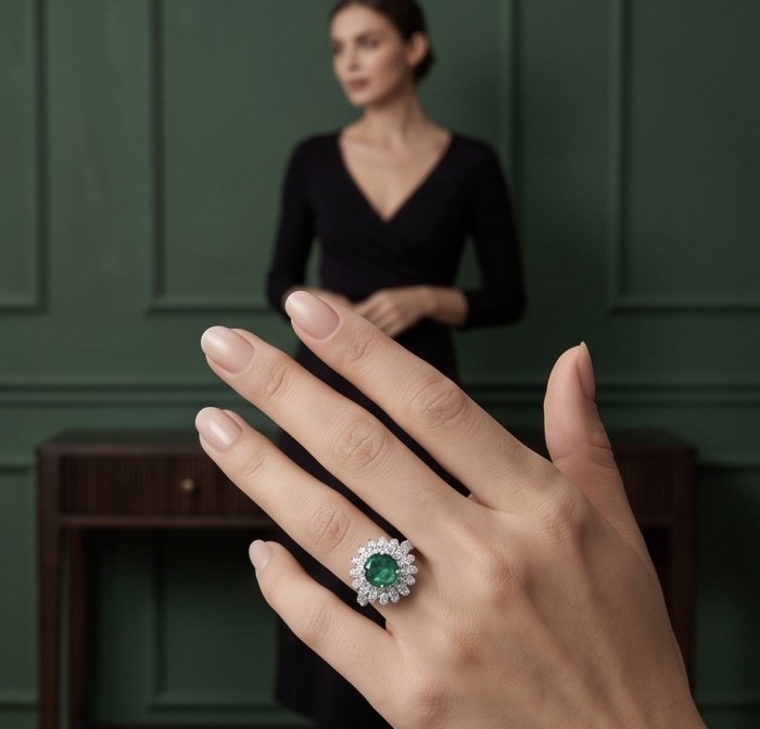 Estelle - Authentic 10.6 carat COLOMBIAN EMERALD .925 Sterling Silver dipped in rhodium handcrafted Ring size 6 1/4 - Emerald and diamond ring worn on hand, background person blurred.