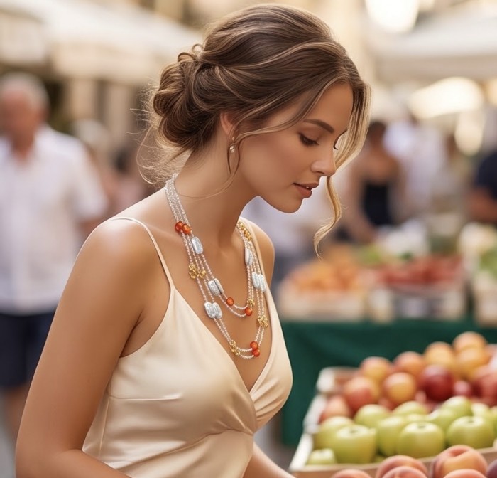 Giovanna - Top quality Natural Mother of Pearl .925 Sterling Silver handcrafted 38 inches necklace - Side view, pearl necklace worn elegantly, showcasing vibrant beads.