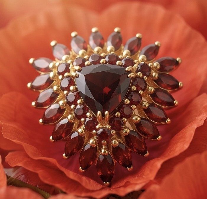 Giovanna trillion cut 22.5 carat Garnet from Sri Lanka (Ceylon) 22K Gold over .925 Sterling Silver handcrafted Statement ring size 6 - Close-up of Giovanna 22.5 carat trillion cut Garnet from Sri Lanka