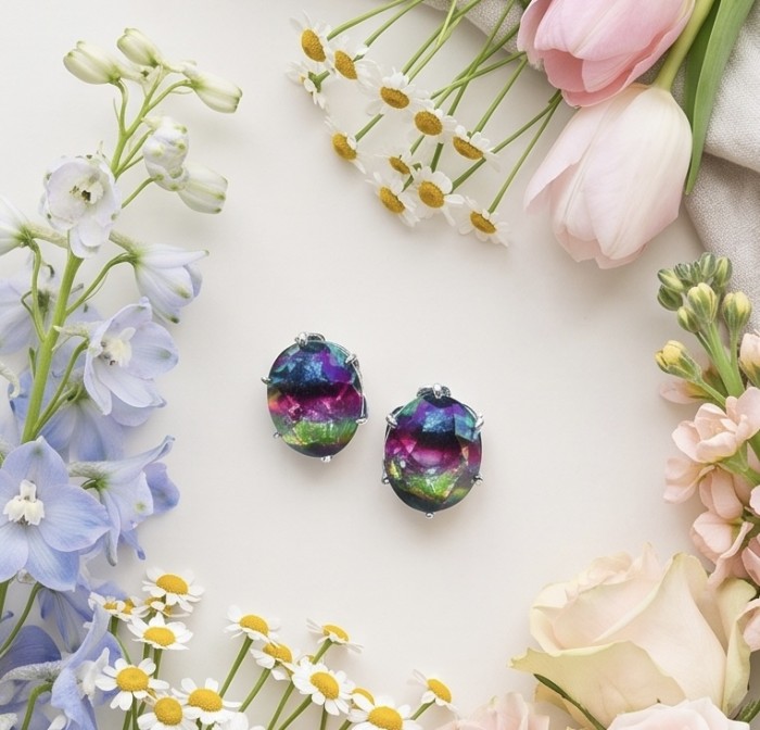 Luxurious authentic 11.2 carat Brazilian Tourmaline .925 Sterling Silver handcrafted earrings - Colorful tourmaline earrings with flowers, top view.