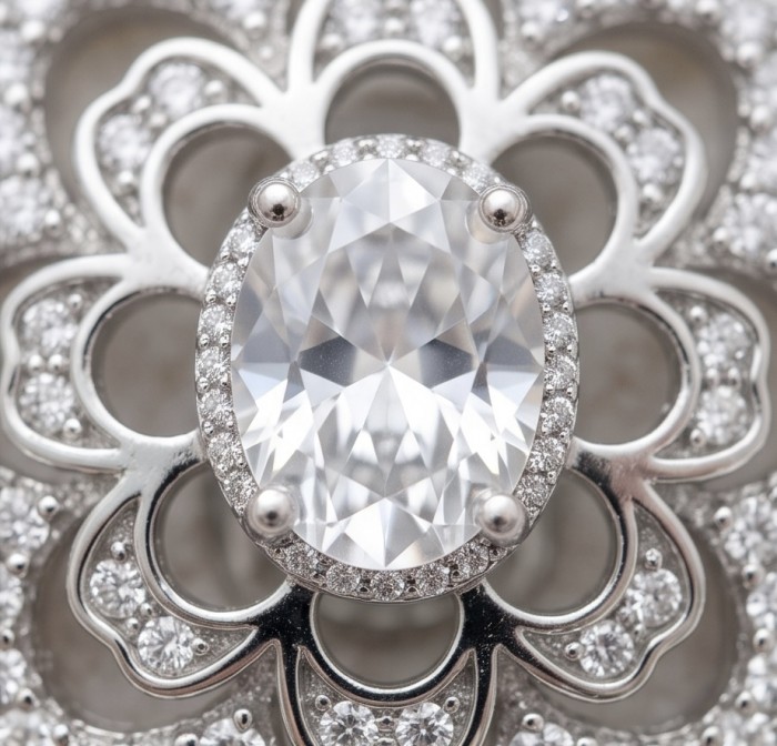 Modern design Natural 14.5 carat White Topaz rhodium over .925 Sterling Silver handcrafted earrings - Close-up of modern design white topaz ring with intricate details.